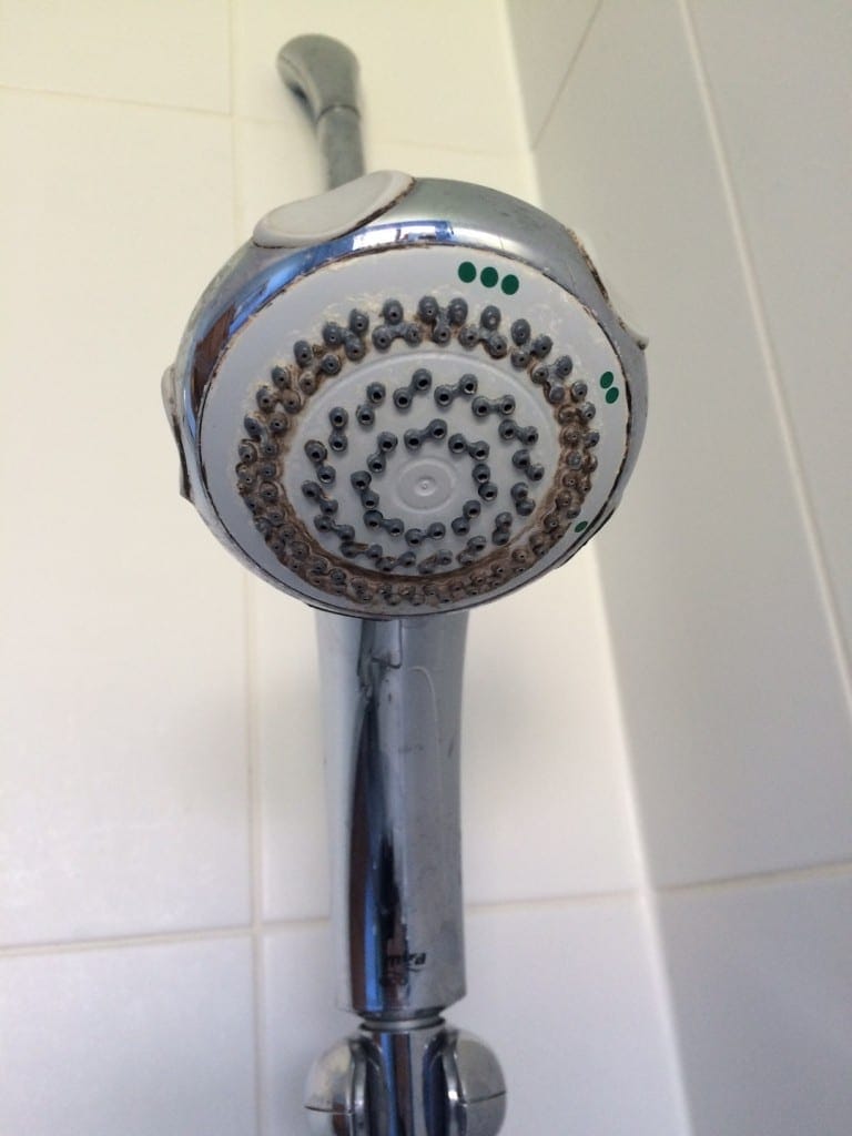 Our shower head - clogged with limescale.
