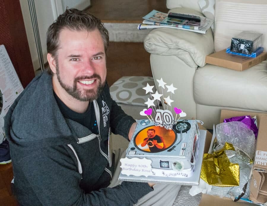 Ross with the record deck photo cake from The Brilliant Bakers