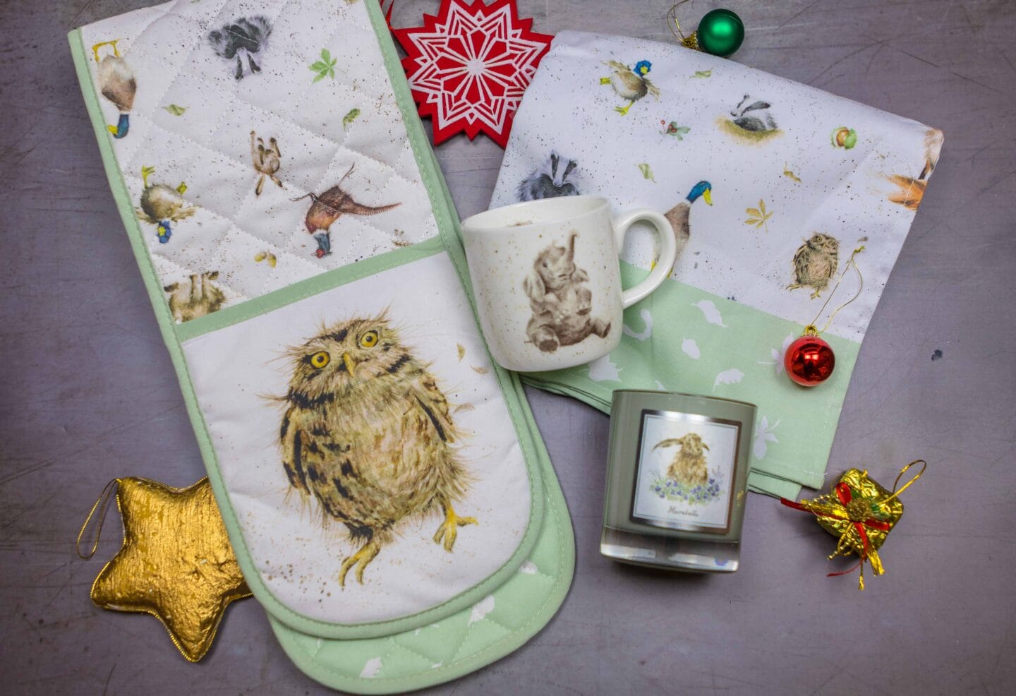 Tea Towel, Elephant Mug, Hare Candle, Oven Gloves all from Wrendale