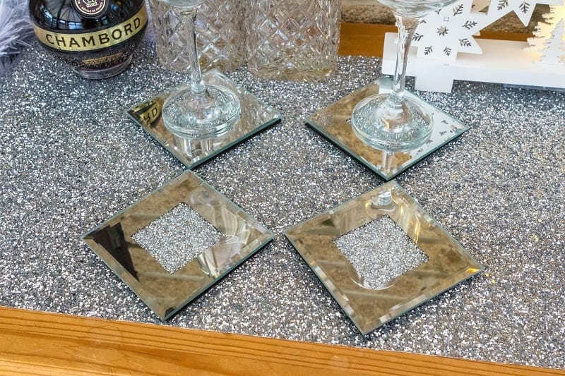 Glitz Coasters from Wayfair on our bar