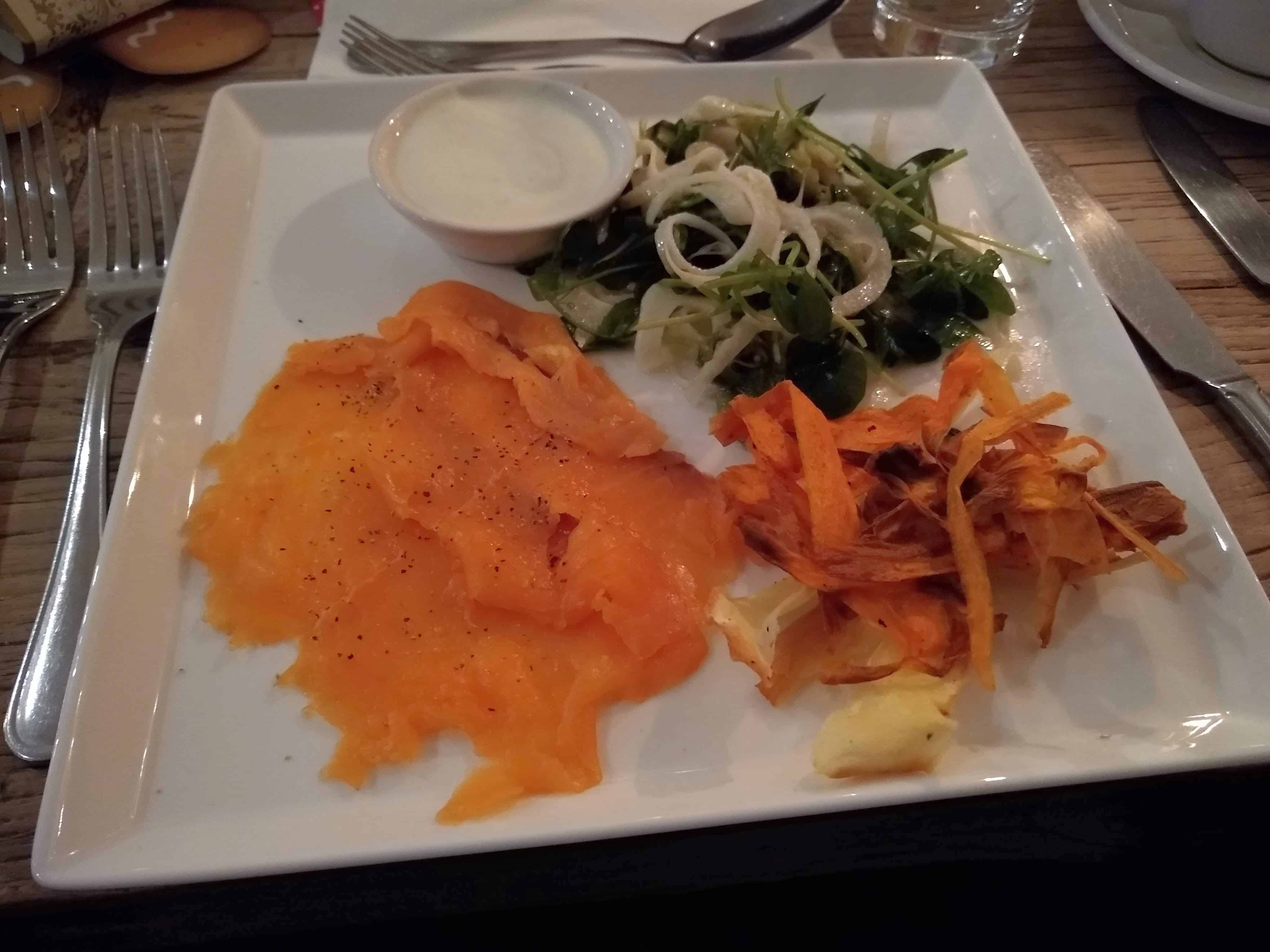 Smoked Salmon with cucumber and micro fennel salad, oven dried vegetable crisps and wasabi natural yoghurt.