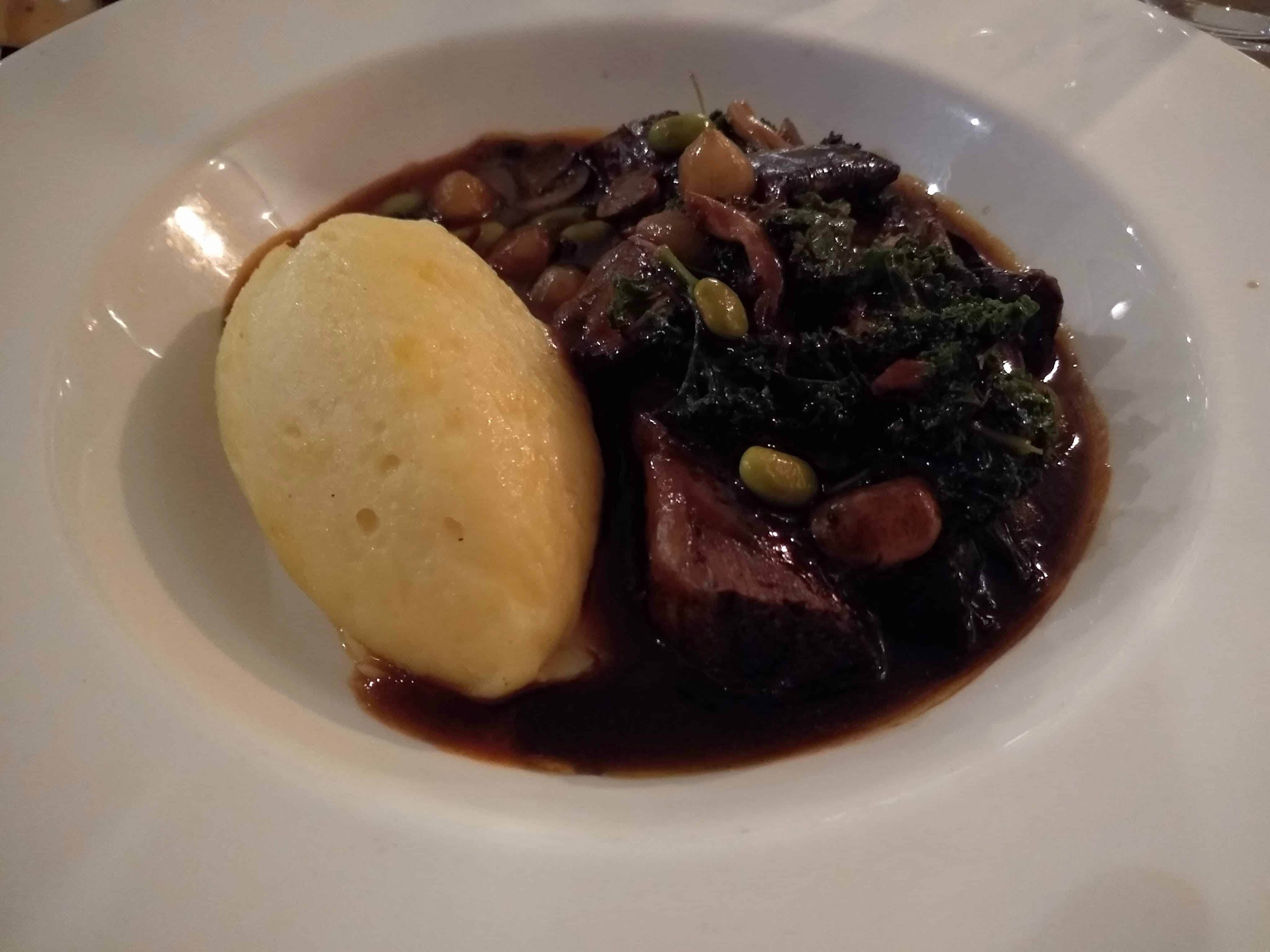 Slow-cooked Feather Blade of Beef, with wild mushroom, soya bean bourginon, puree of heritage potatoes & ale braising juices.