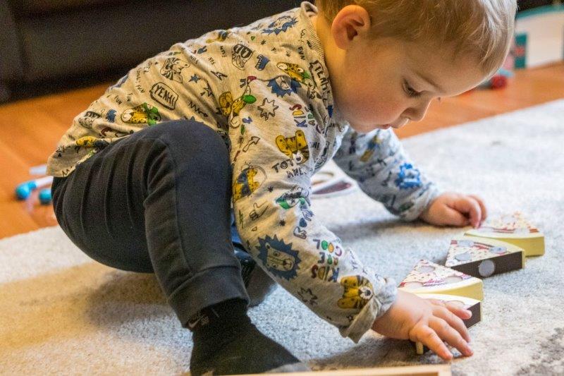 Rex playing with the Pizza Party Wooden Food set from Melissa and Doug