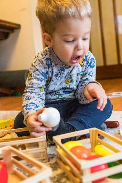 Rex playing with the Food Groups Wooden Food set from Melissa and Doug