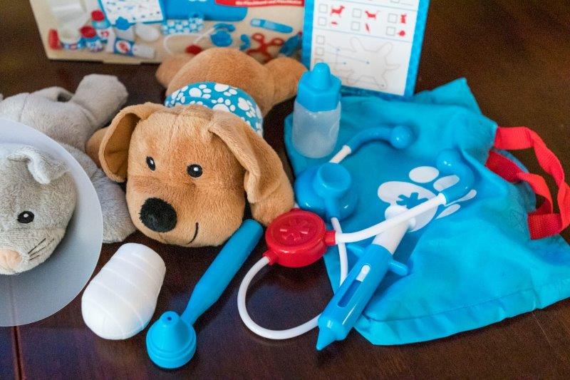 The dog and some items from the Melissa and Doug Pet Vet Play Set