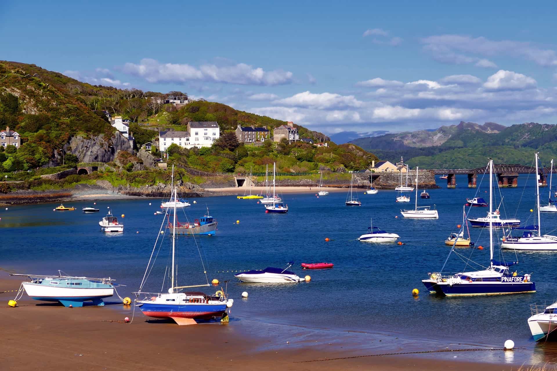 Boats on top of the water at Barmouth Bay, Wales.