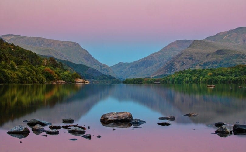A lake and mountains in Snowdonia National Park.