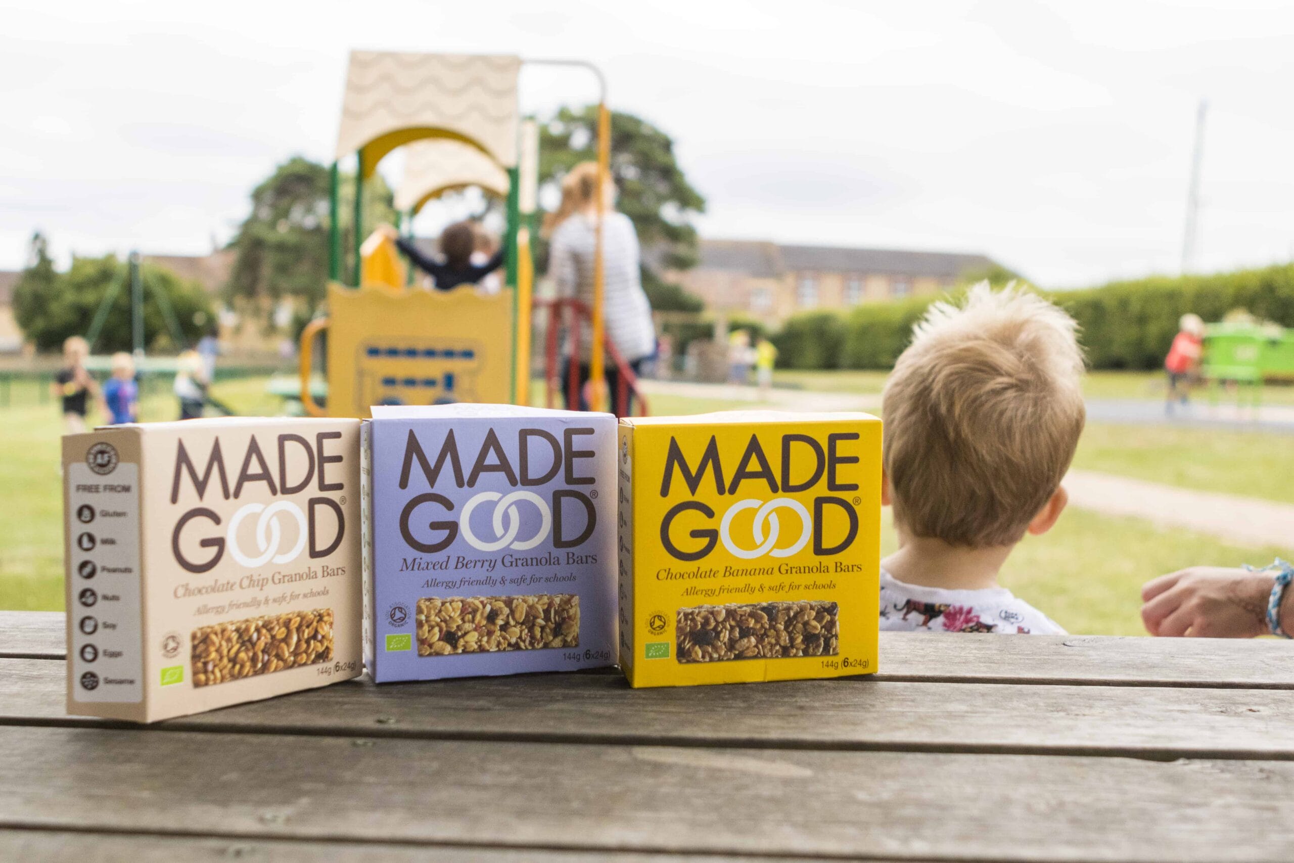 MadeGood bar packaging on a table in a playground