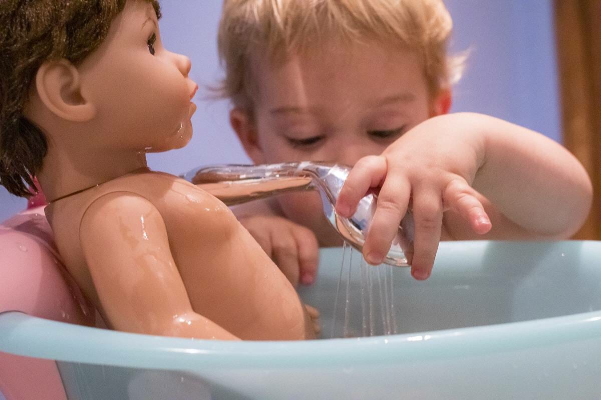 Rex has fun with the Baby Born Soft Touch Brother and Baby Born Bath