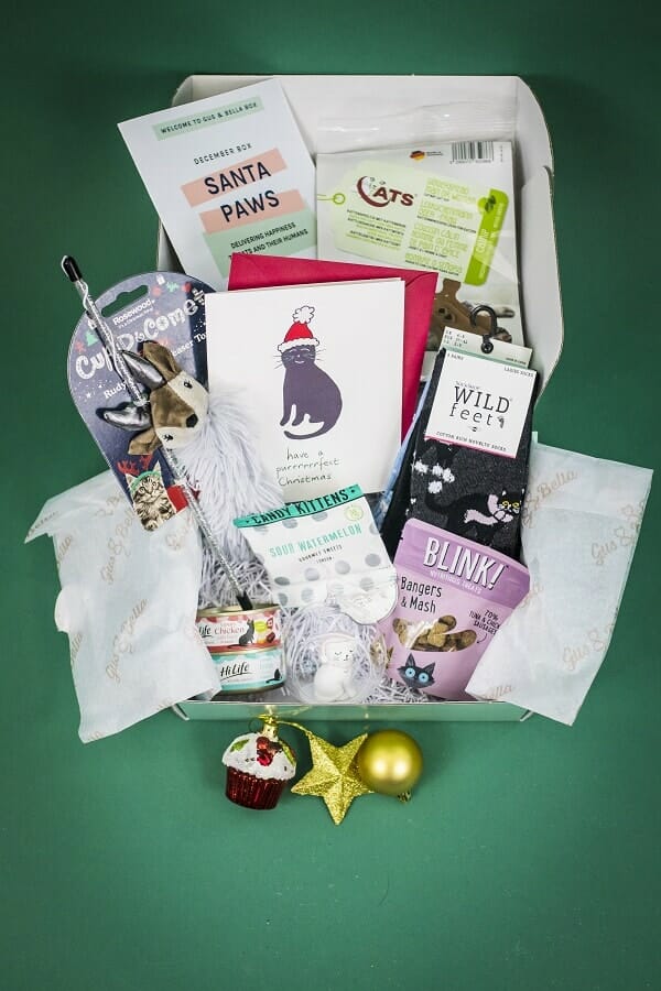 The Limited Edition Christmas box from Gus and Bella. A subscription box for cats and their owners. Included in the clutter-free gift guide