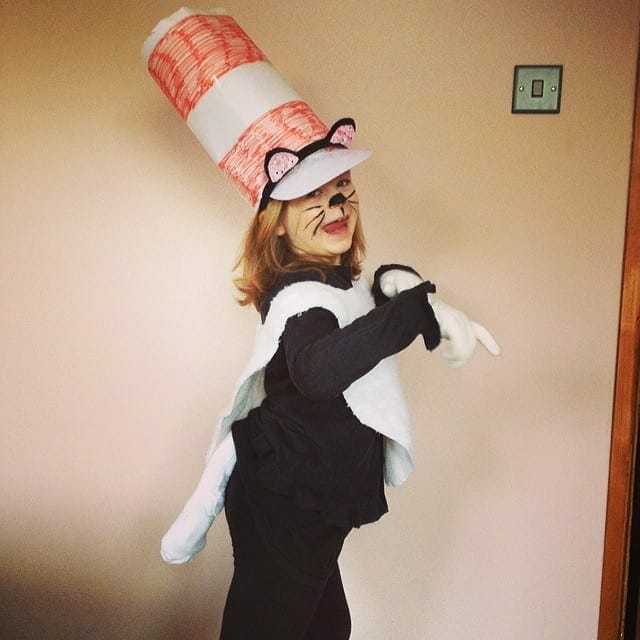 My daughter in a homemade costume of Cat in the Hat for World Book Day