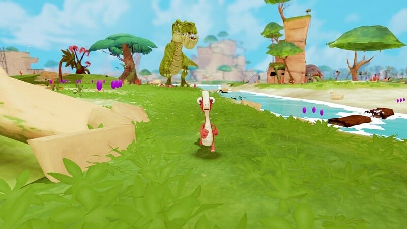 A screenshot of Gigantosaurus the Game showing a small dinosaur running away from a Tyrannousaurus Rex.