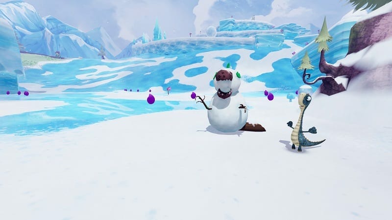 A screenshot of Gigantosaurus the Game with a dinosaur building a snowman in the snow.