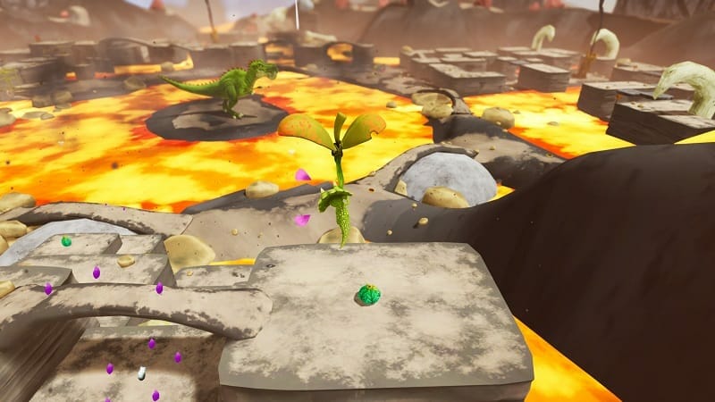 Screenshot of Gigantosaurus the Game including a dinosaur on some rocks surrounded by lava.