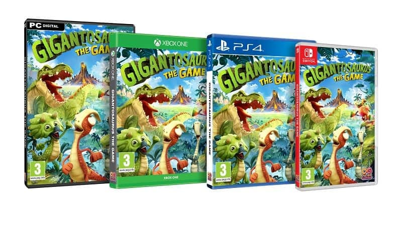Pack shots of the Gigantosaurus the Game including PS4, XBox One and Nintendo Switch.