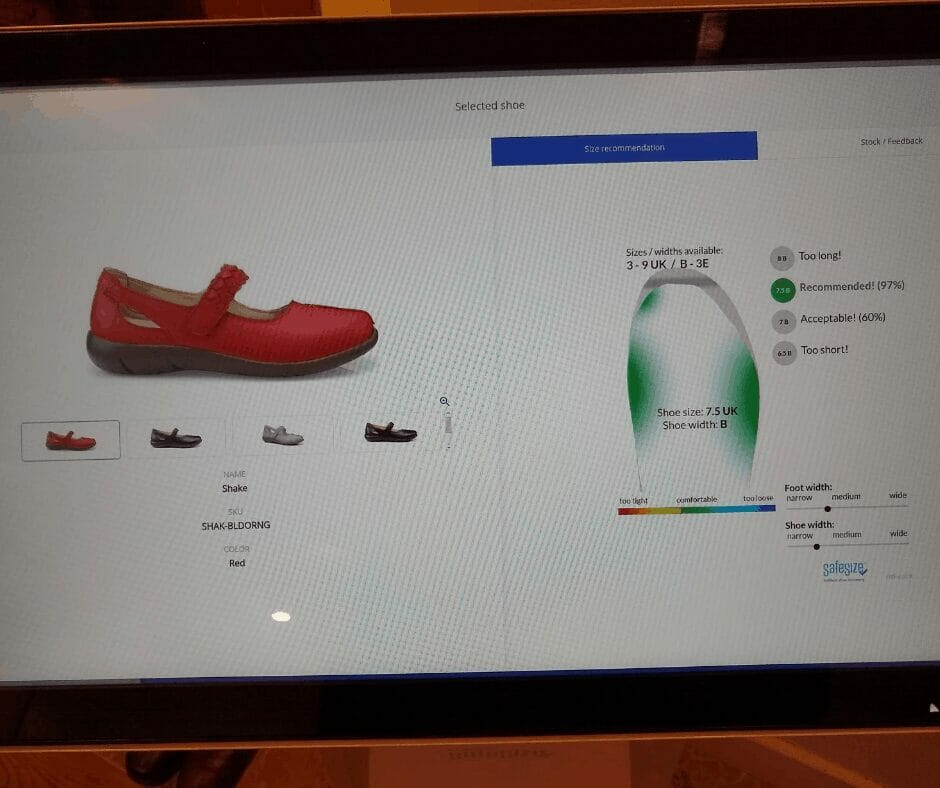 A shot of the screen from the Hotter Footprint foot measuring machine