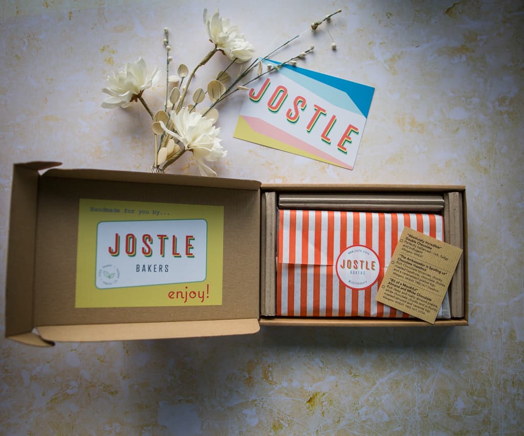 Delicious Vegan Bakes from Jostle are wrapped in these boxes.